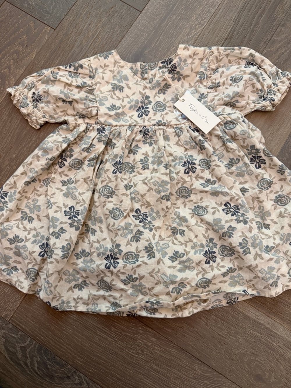Rylee + Cru Cream Floral Puff Sleeve Dress with Blue and Taupe Flowers